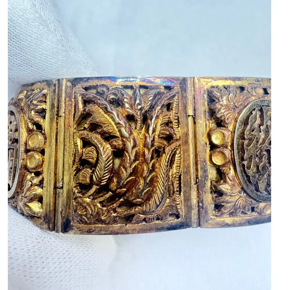 Vintage Mid‑Century Chinese Solid Cast Brass Fú‑Lù‑Shòu Blessings Bracelet